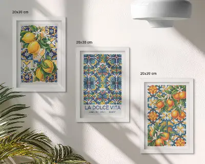 Photo frame wall with lemon and orange blossoms in colorful patterns