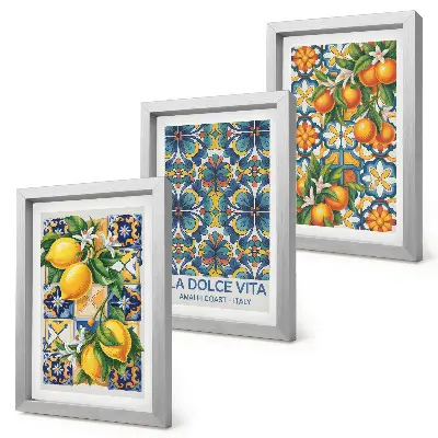 Photo frame wall with lemon and orange blossoms in colorful patterns