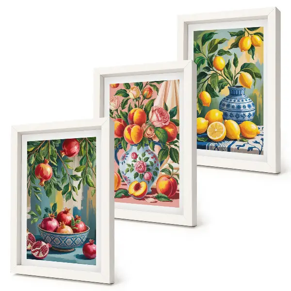 3-piece wall art set fruit compositions featuring pomegranates, lemons, and peaches