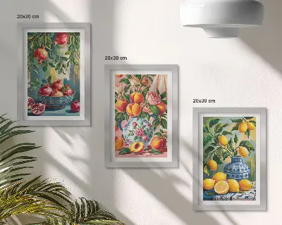 3-piece wall art set fruit compositions featuring pomegranates, lemons, and peaches