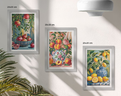 3-piece wall art set Fruit compositions with pomegranates, lemons and peaches