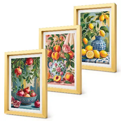3-piece wall art set fruit compositions featuring pomegranates, lemons, and peaches