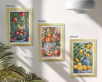 3-piece wall art set fruit compositions featuring pomegranates, lemons, and peaches