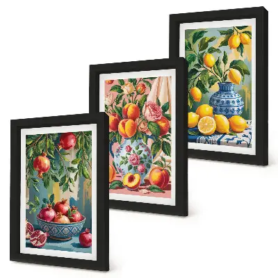 3-piece wall art set fruit compositions featuring pomegranates, lemons, and peaches