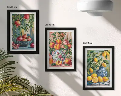 3-piece wall art set fruit compositions featuring pomegranates, lemons, and peaches
