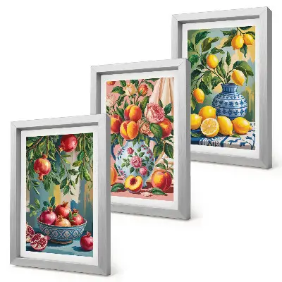 3-piece wall art set fruit compositions featuring pomegranates, lemons, and peaches