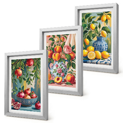3-piece wall art set Fruit compositions with pomegranates, lemons and peaches