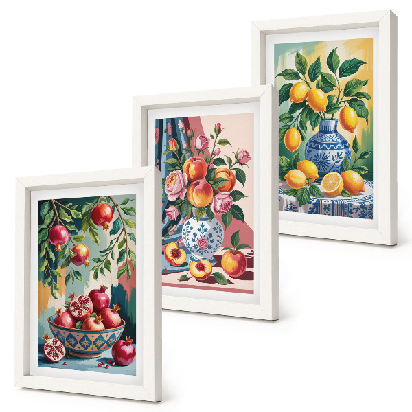 Framed triptych Painted flowers and fruit in vases