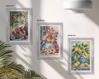 Painted flowers and fruit in vases framed triptych