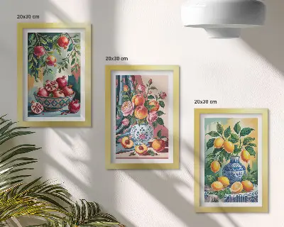 Painted flowers and fruit in vases framed triptych