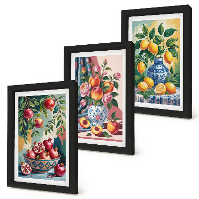 Framed triptych Painted flowers and fruit in vases