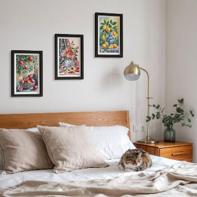 Framed triptych Painted flowers and fruit in vases