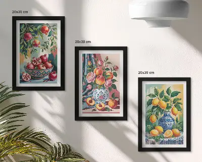 Painted flowers and fruit in vases framed triptych