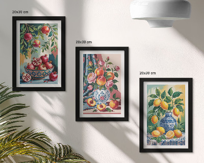 Framed triptych Painted flowers and fruit in vases
