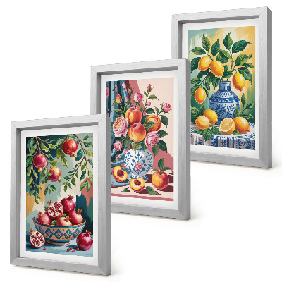 Framed triptych Painted flowers and fruit in vases