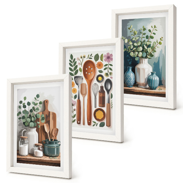 3-piece wall art set Kitchen accessories with plants in a modern style