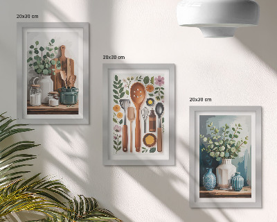 3-piece wall art set Kitchen accessories with plants in a modern style