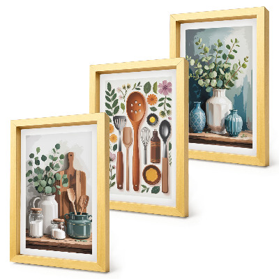 3-piece wall art set Kitchen accessories with plants in a modern style
