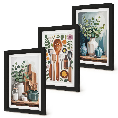 3-piece wall art set Kitchen accessories with plants in a modern style