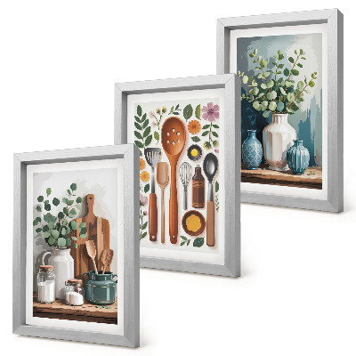 3-piece wall art set Kitchen accessories with plants in a modern style