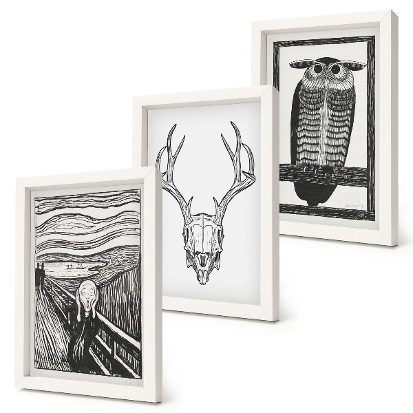 Photo frame wall Inspired by the Scream image with a skull and owl in a graphic style