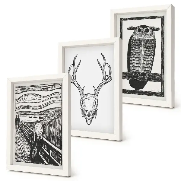 Photo frame wall inspired by the Scream poster with a gothic skull and owl graphic