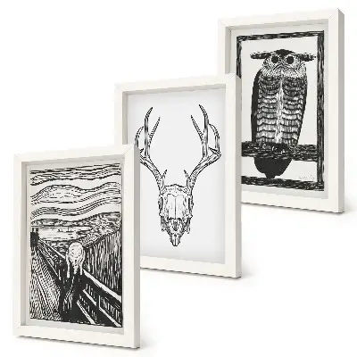 Photo frame wall inspired by the Scream poster with a gothic skull and owl graphic