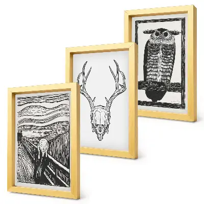 Photo frame wall inspired by the Scream poster with a gothic skull and owl graphic