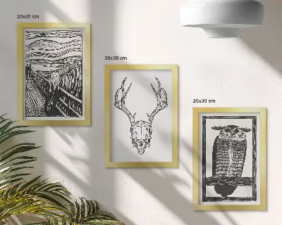 Photo frame wall inspired by the Scream poster with a gothic skull and owl graphic