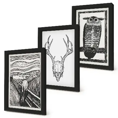 Photo frame wall inspired by the Scream poster with a gothic skull and owl graphic