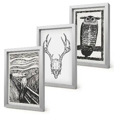 Photo frame wall inspired by the Scream poster with a gothic skull and owl graphic