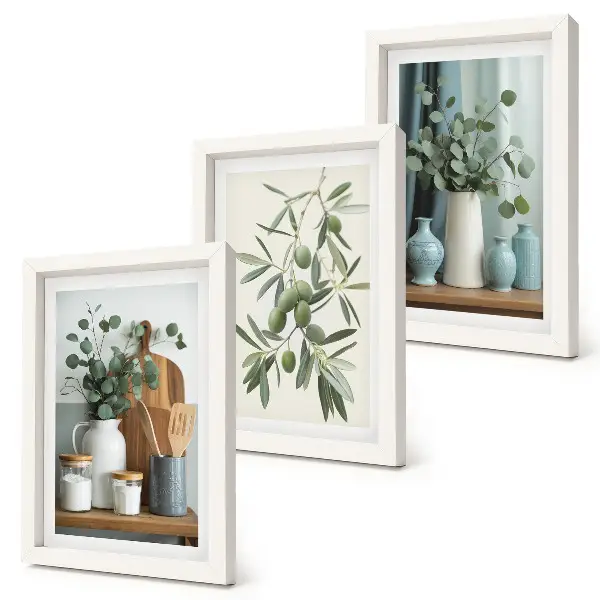 Green olives and eucalyptus branches aesthetic wall art framed triptych