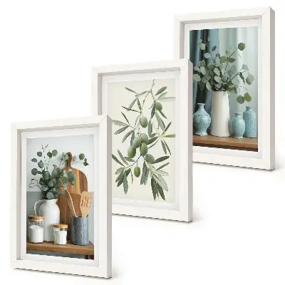 Green olives and eucalyptus branches aesthetic wall art framed triptych