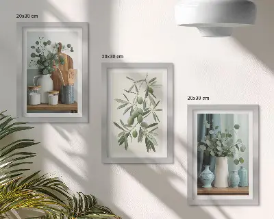 Green olives and eucalyptus branches aesthetic wall art framed triptych