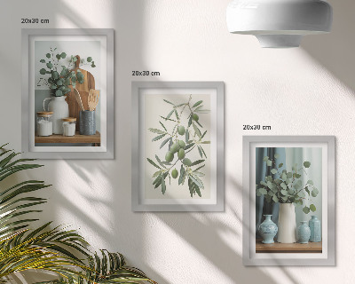 Framed triptych Green olives and eucalyptus branches aesthetic