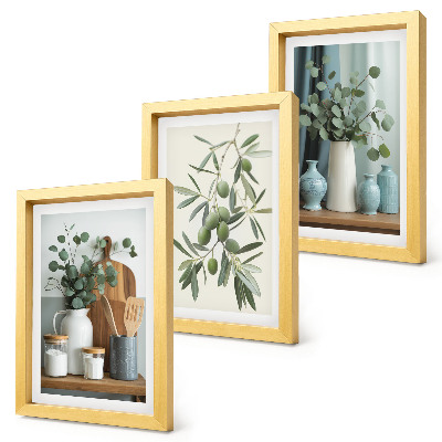 Framed triptych Green olives and eucalyptus branches aesthetic