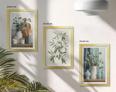 Green olives and eucalyptus branches aesthetic wall art framed triptych
