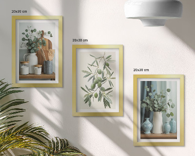 Framed triptych Green olives and eucalyptus branches aesthetic