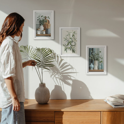Framed triptych Green olives and eucalyptus branches aesthetic