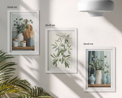 Framed triptych Green olives and eucalyptus branches aesthetic