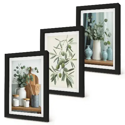Green olives and eucalyptus branches aesthetic wall art framed triptych