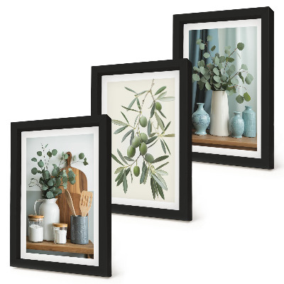Framed triptych Green olives and eucalyptus branches aesthetic