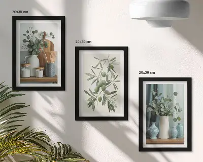 Green olives and eucalyptus branches aesthetic wall art framed triptych