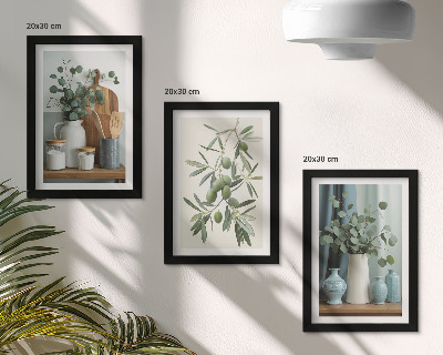 Framed triptych Green olives and eucalyptus branches aesthetic