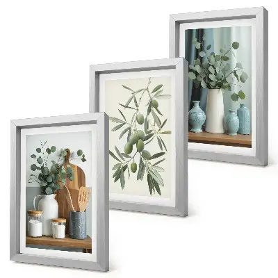 Green olives and eucalyptus branches aesthetic wall art framed triptych