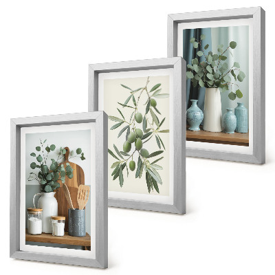 Framed triptych Green olives and eucalyptus branches aesthetic