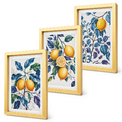 3-piece wall art set Lemons on branches with blue leaves