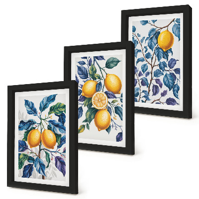 3-piece wall art set Lemons on branches with blue leaves
