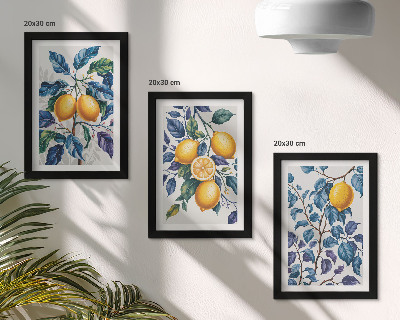 3-piece wall art set Lemons on branches with blue leaves