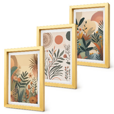 Framed triptych Plant motifs in muted colors with circles